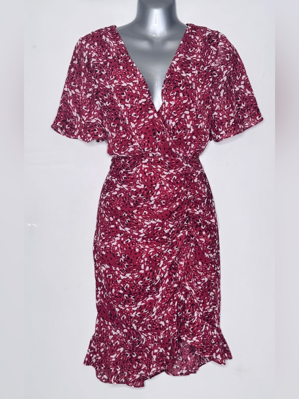 BCBGeneration Wrap Dress Pink Abstract Print Ruched Ruffle Mini Size S